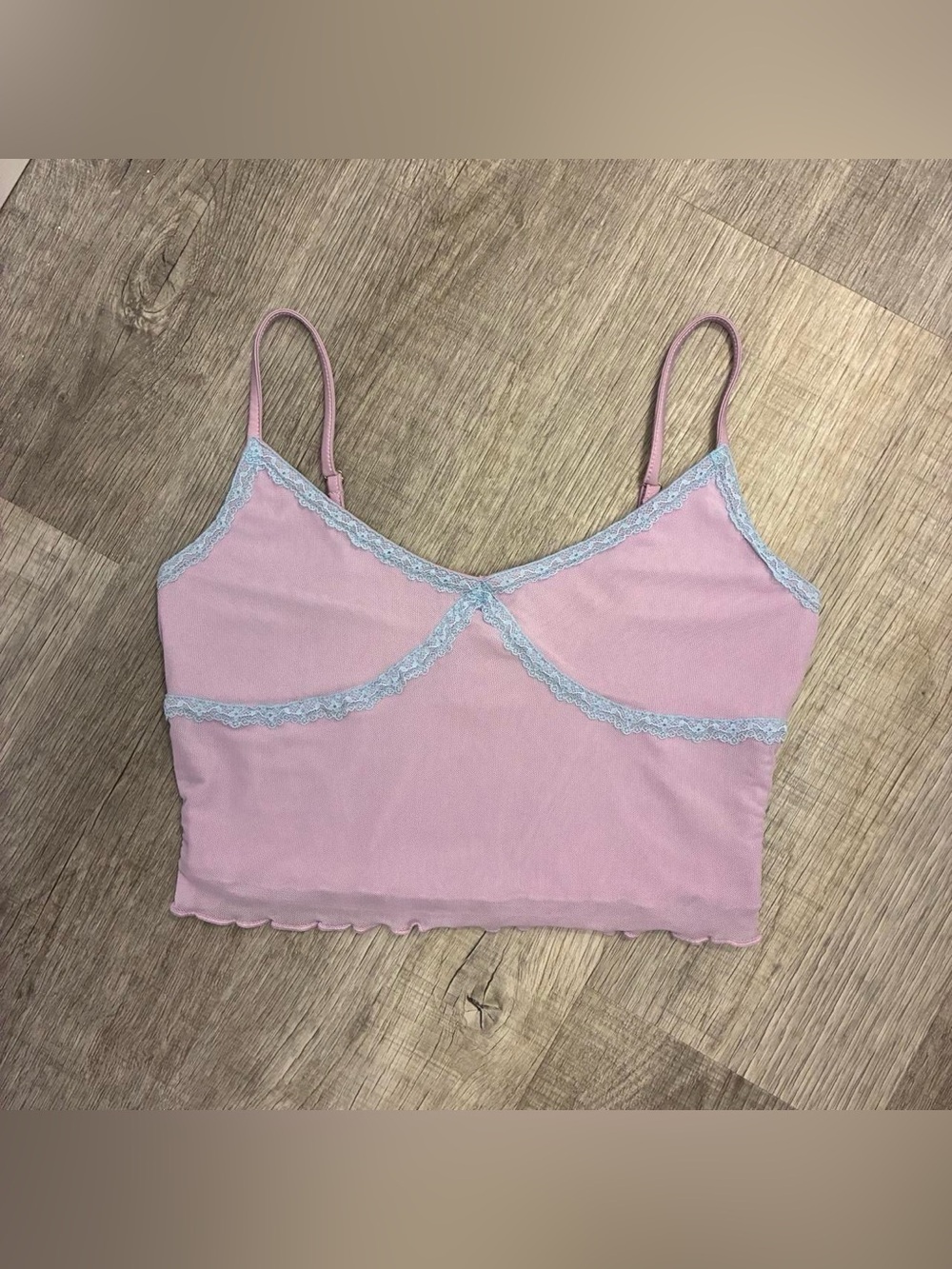 Sheer lilac purple cami with light blue lace trim